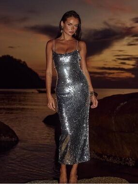 Sequin Slip Midi Dress in Silver - Sleek Evening Style
